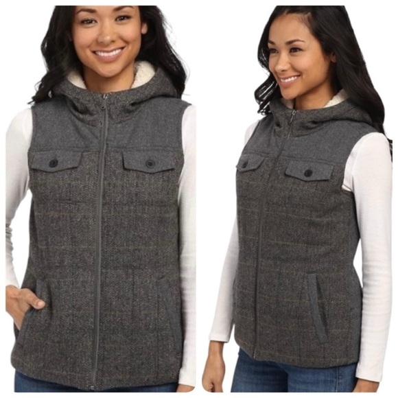 Prana Ava Womens Vest Gray Herringbone Wool Sherpa Hood Full Front Zipper MEDIUM - Picture 1 of 14